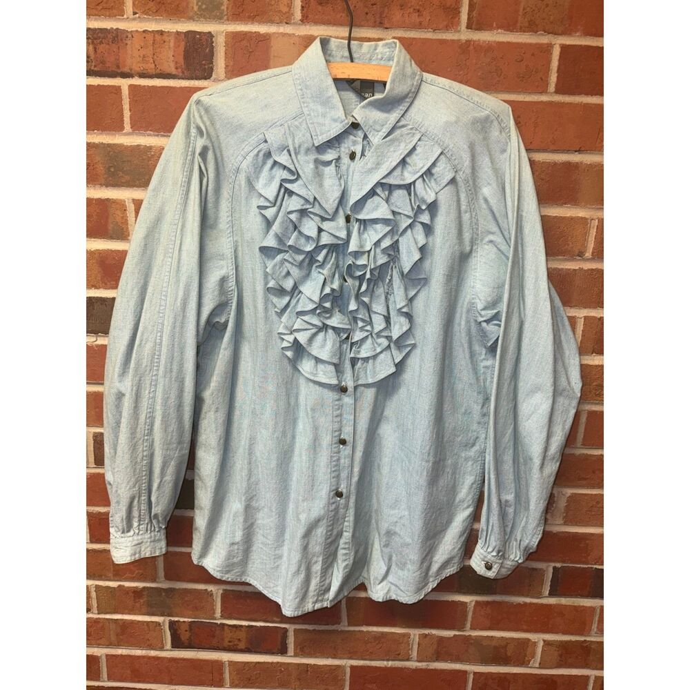 Vintage 90s Lizwear Ruffle Lightweight Denim Blouse